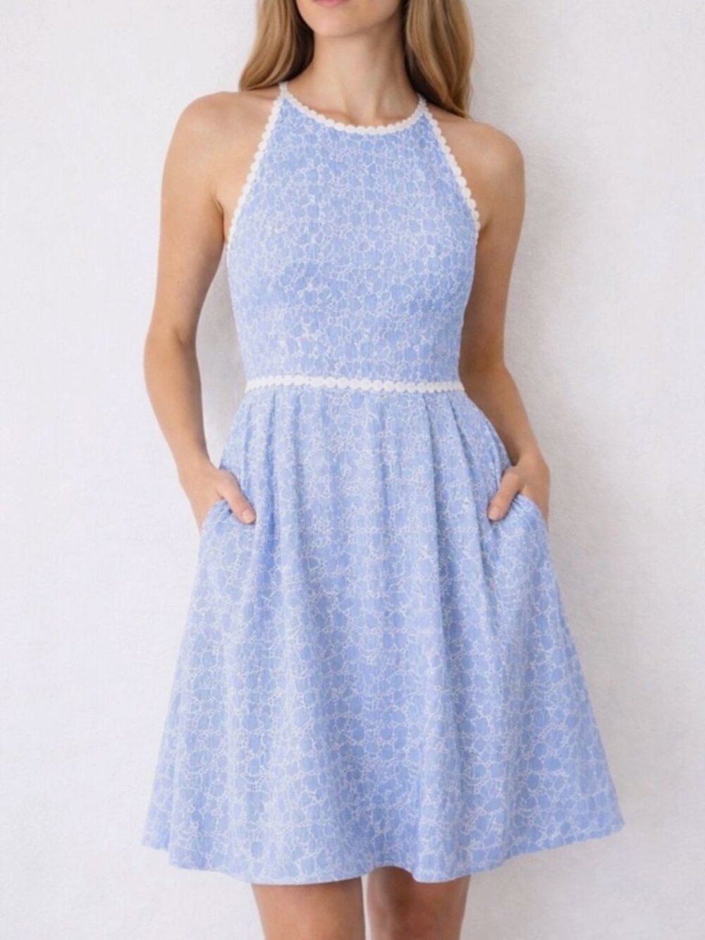 Lilly Pulitzer Tori Dress Blue Stripe Cotton Floral Eyelet Lace Fit Flare Sz 10